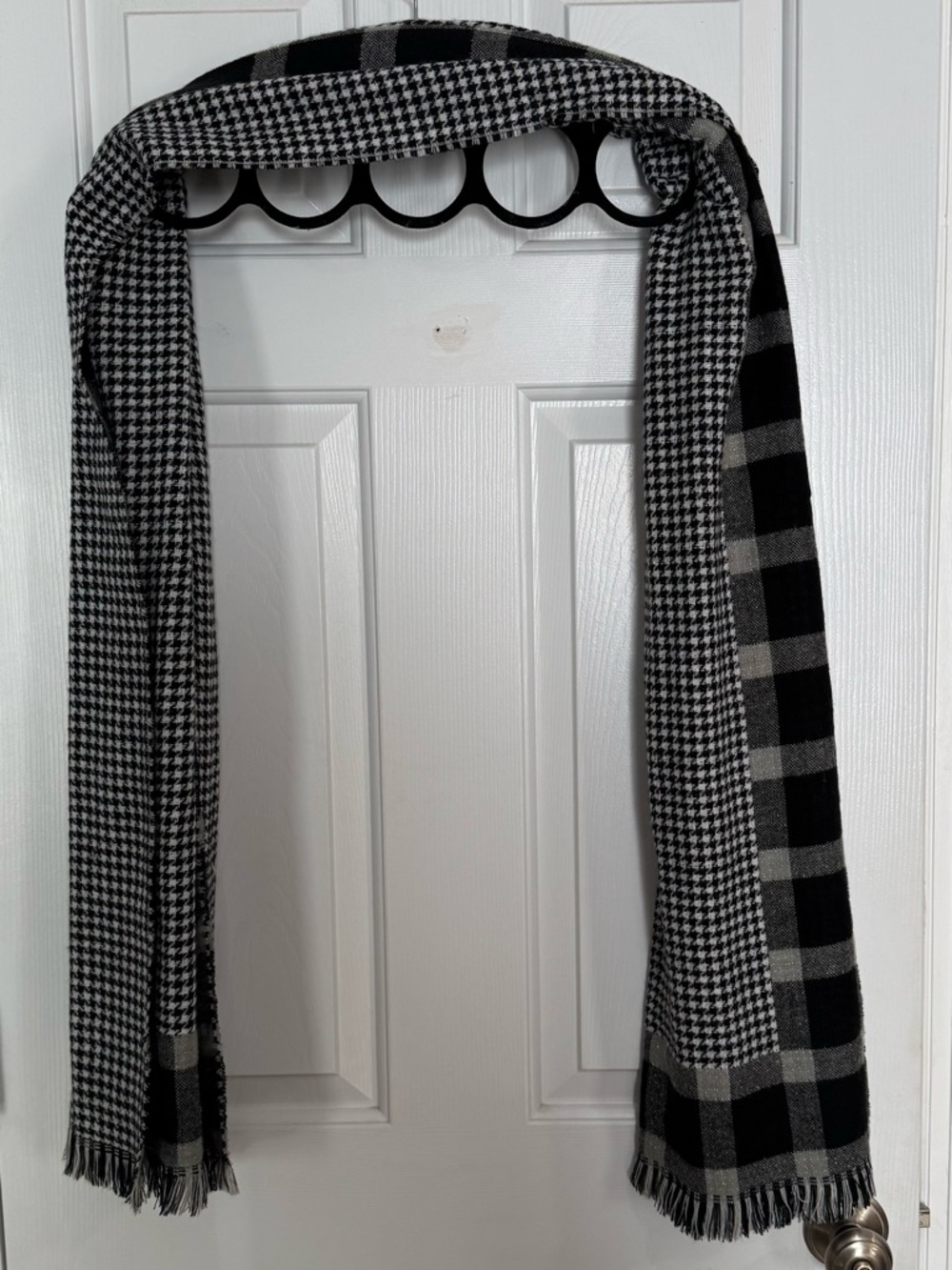 Kit Black & Gray Reversible Plaid Fringe Scarf